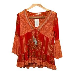 Guadalupe Design Embroidered Boho Top Womens Medium Multicolor Tassels Lace NWT